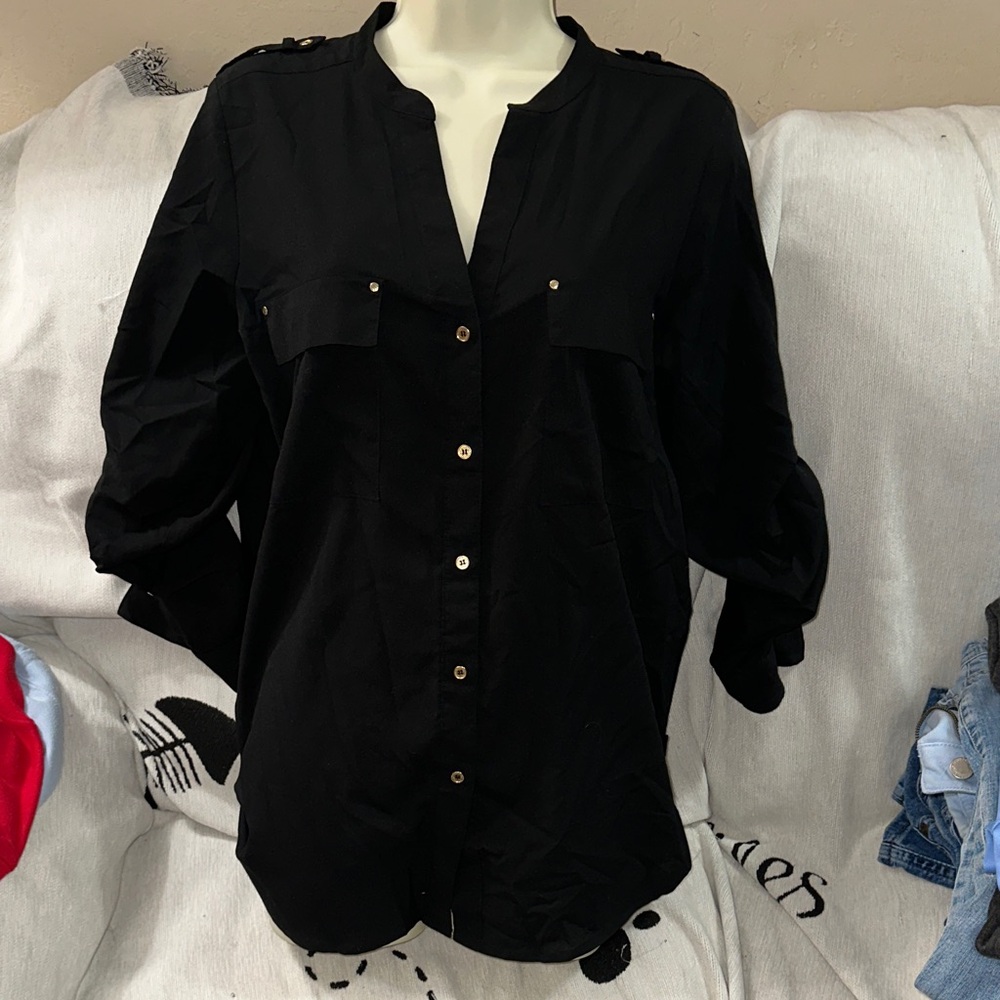 Calvin Klein medium black button down shirt with gold buttons